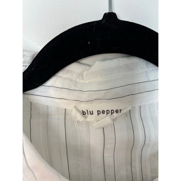 Blu Pepper Striped Button Down Blouse White Sheer Long Sleeve Top Size Medium - Picture 2 of 6